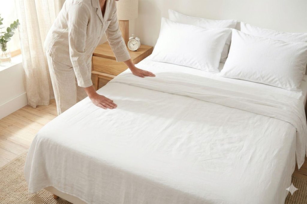 Person making a bed with freshly washed white sheets