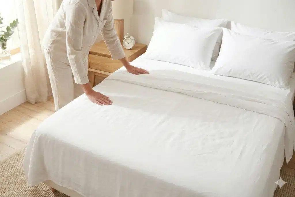 Person making a bed with freshly washed white sheets